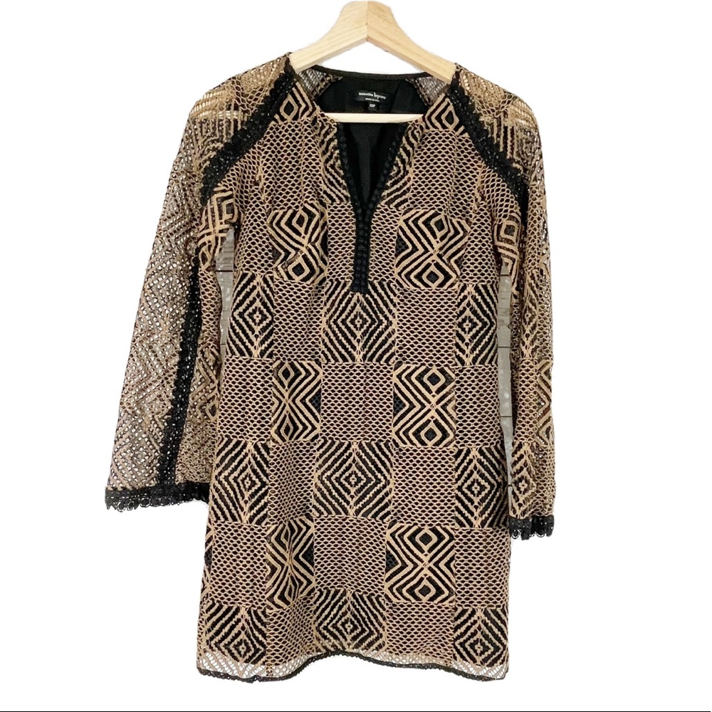 Nanette Lepore Lace Tunic Top Tan Black Sz 00P